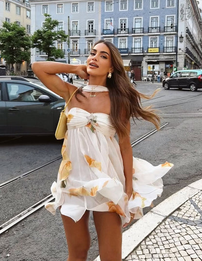 Isabel | Halter Nek Ruffled Gedrukt Mini Jurk