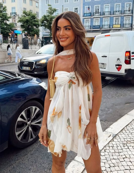 Isabel | Halter Nek Ruffled Gedrukt Mini Jurk