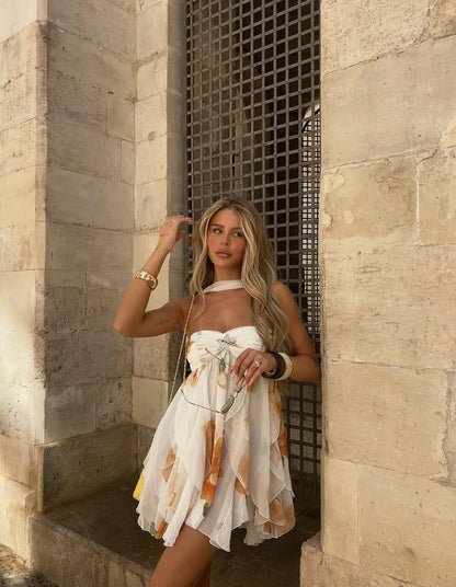 Isabel | Halter Nek Ruffled Gedrukt Mini Jurk